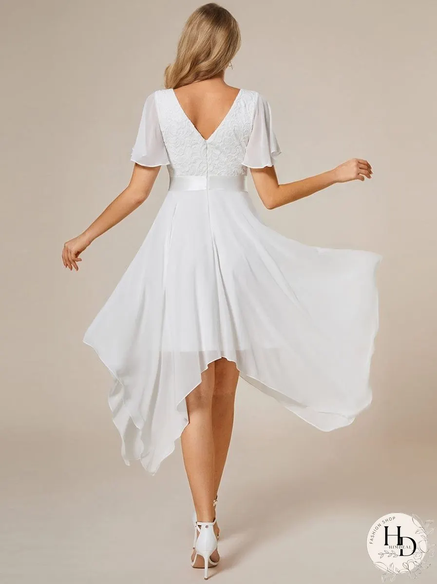 V-Neck Asymmetrical Dress with Short Sleeves