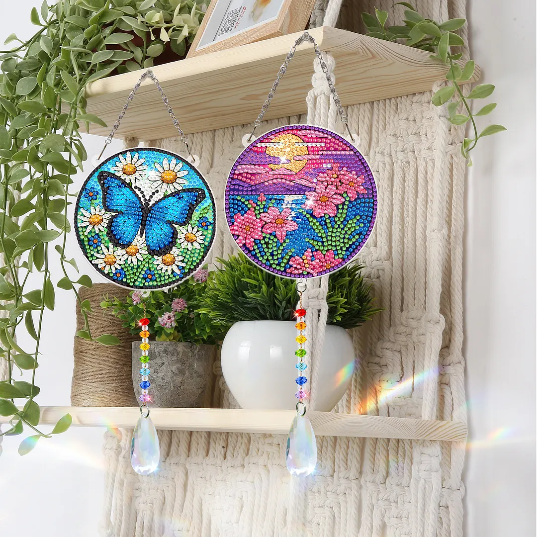 2Pcs Sunset Butterfly DIY Acrylic Diamond Painting Art Wind Chimes with Crystal Pendant Diamond Art Hanging Pendant Double-Sided for Adults Beginners Gift Home Garden Decor
