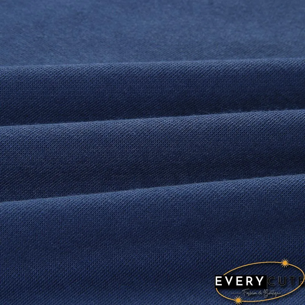 Navy Blue Side Slit Casual Pullover Sweatshirt