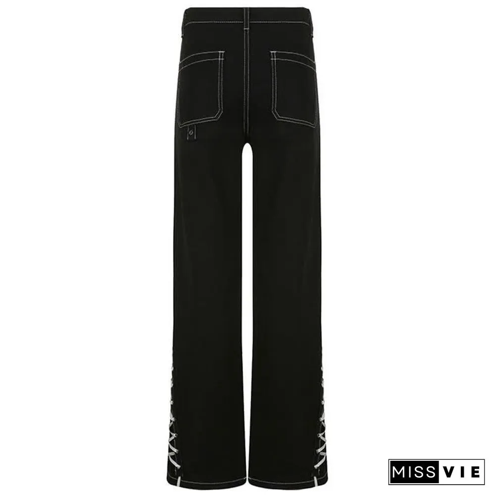 Gothic Bandage Lace Up Straight Baggy Denim  Pants