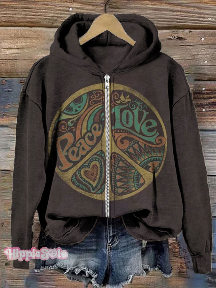 Hippie Art Print Casual Zip-Up Hoodie Multicolor / S