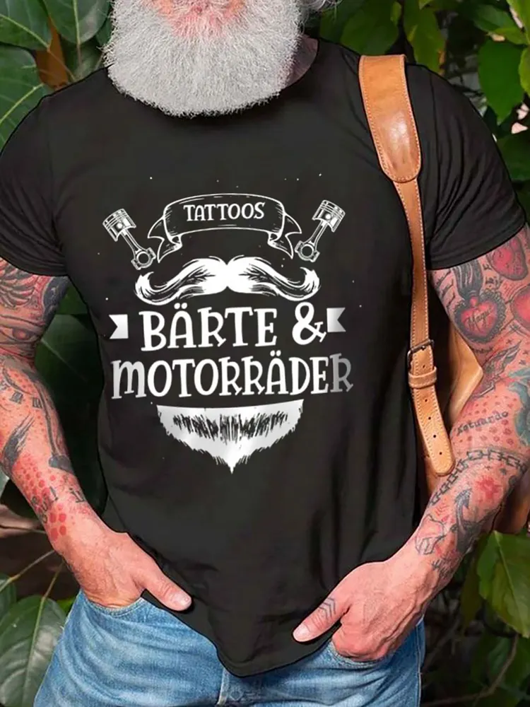 Herren Tattoos b&auml;rte & motorrad bedrucktes Kurzarm-T-Shirt