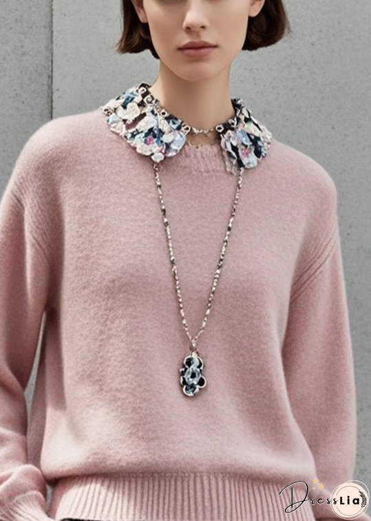 Simple Light Pink Stand Collar Patchwork Knitted Tops Fall