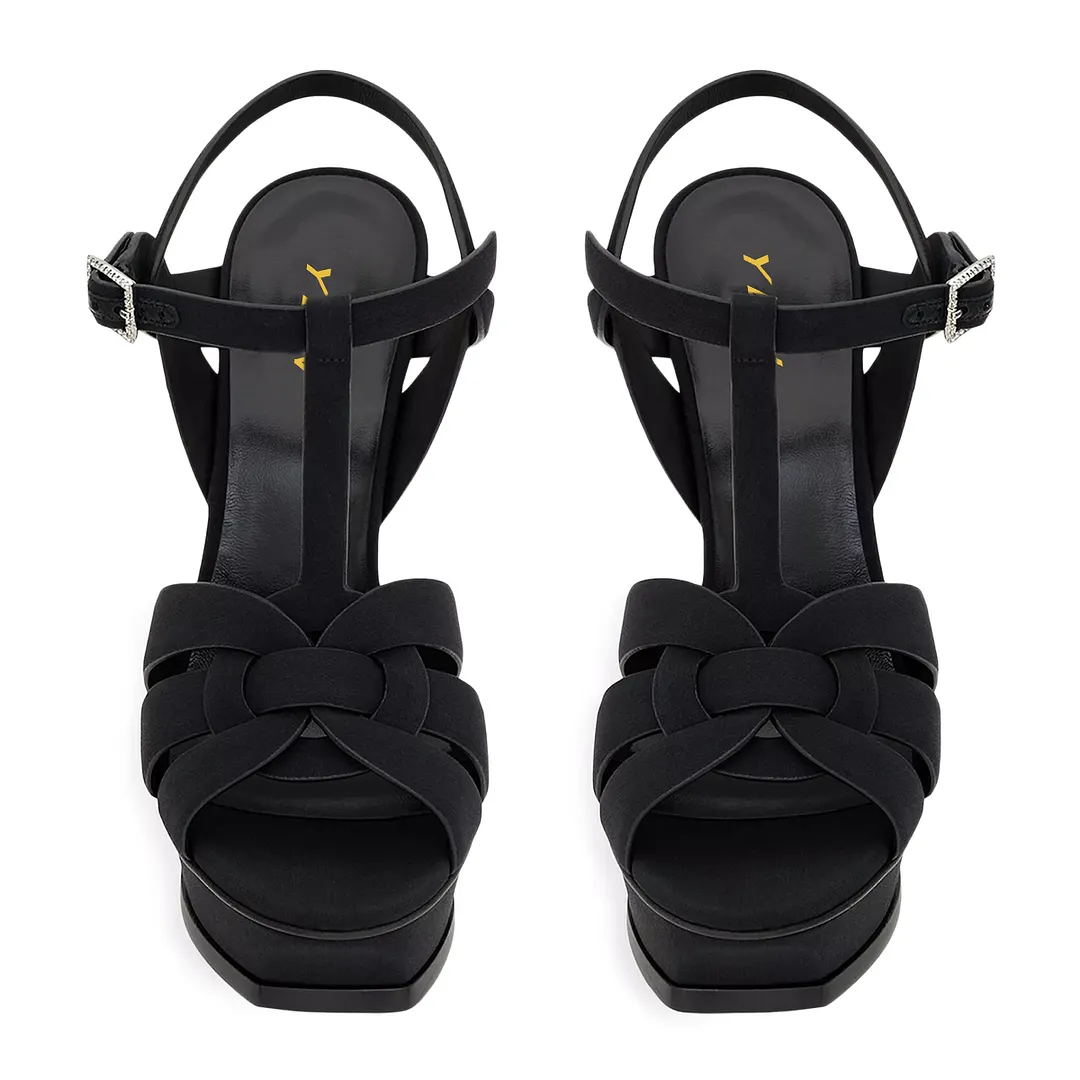 Faux Suede Platform T-Strap Stiletto Heel Sandals in Black