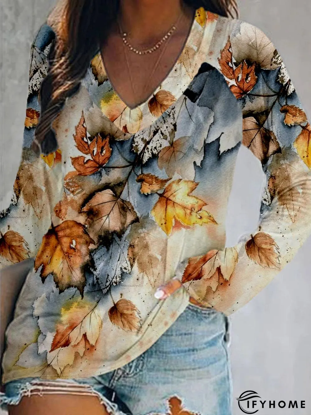 Casual Long Sleeve V Neck Printed Top T-shirt | IFYHOME