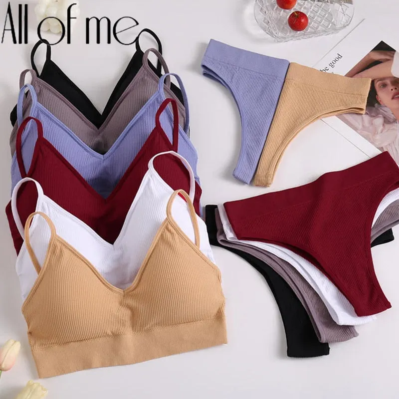 Thong + Bra Women Sexy Underwear Brassiere Female Tops Panties Bralette Intimates Lingerie Stretchy Ribbed Tank Crop Tops Set