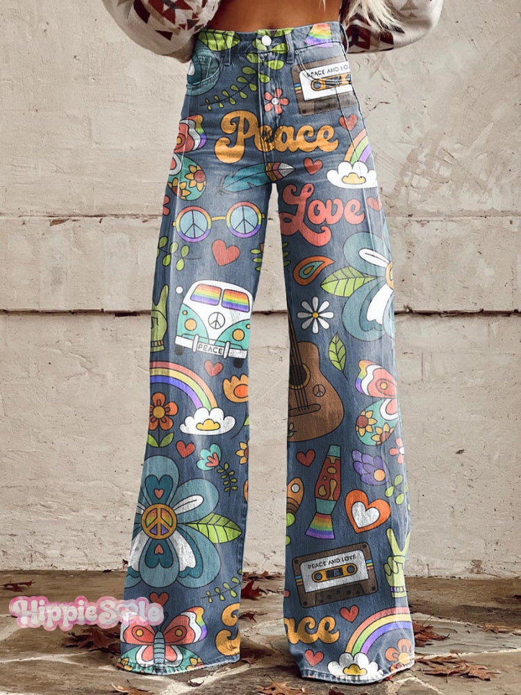 Women&rsquo;s Vintage Hippie Camper Van Print Casual Wide Leg Pants Multicolor / S