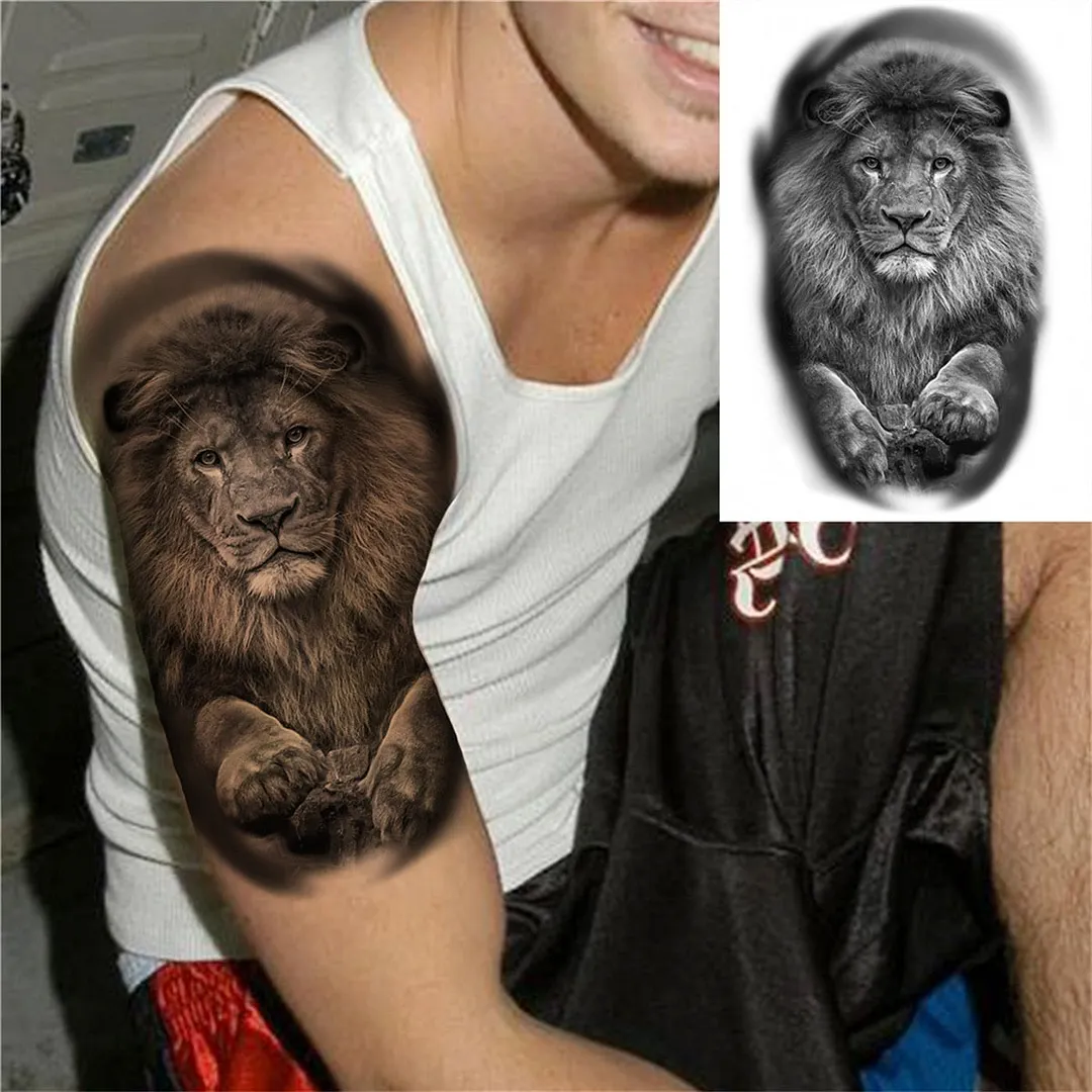 3D Lion Tiger Temporary Tattoos For Men Women Adult Black Wolf Tattoo Sticker Realistic Fake Bear Mountain Disposable Tatoo Body