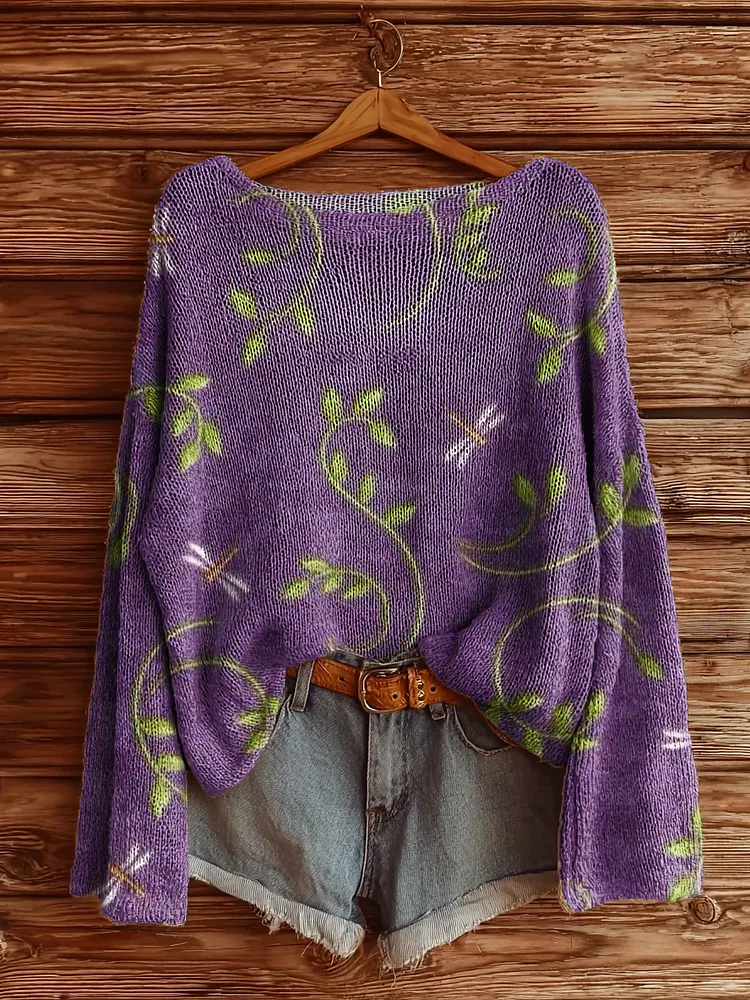 Women's Vintage Floral Dragonfly Art Print Casual Pullover Sweater