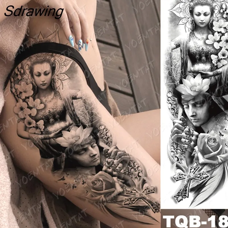 Sdrawing Arm Sleeve Tattoo Tiger Lion Wolf Owl Waterproof Temporary Tatto Sticker Crown Warrior Body Art Full Fake Tatoo Men Women