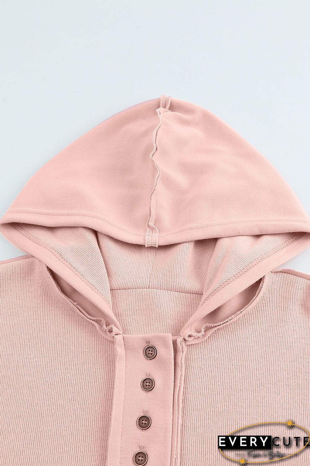 Pink Casual Button Solid Patchwork Trim Hoodie