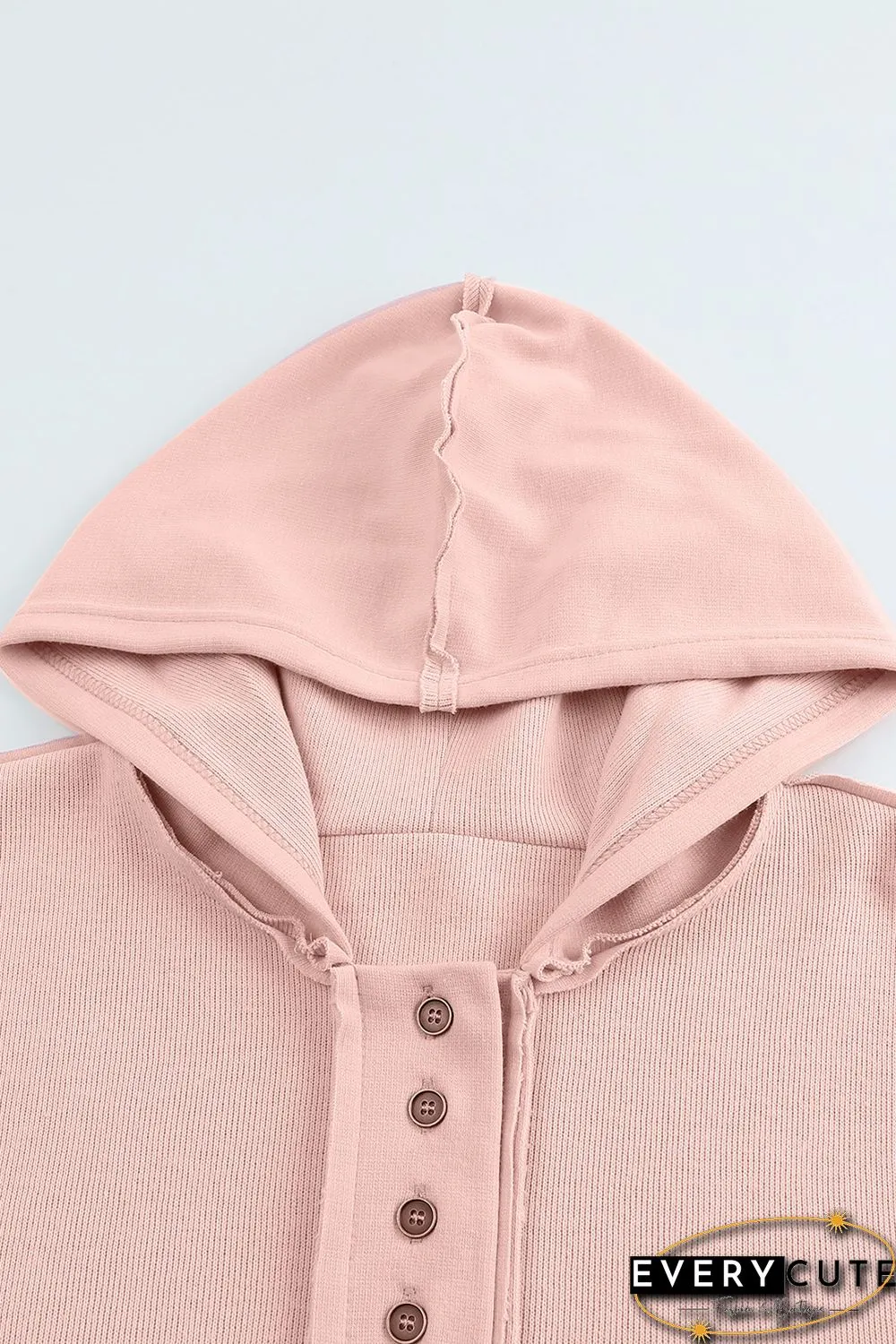 Pink Casual Button Solid Patchwork Trim Hoodie