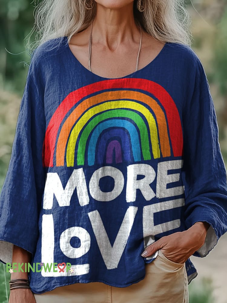 More Love Rainbow Print Cotton Linen Long Sleeve Shirt Multicolor / S