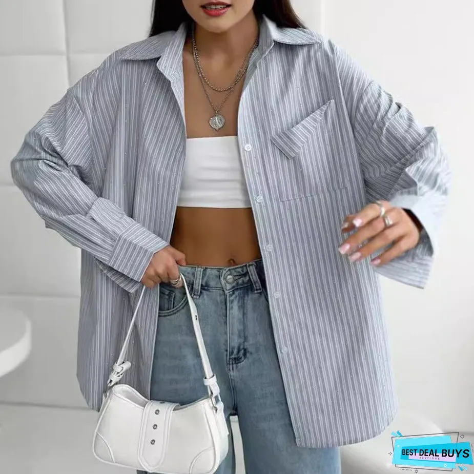 Diamond-embedded Fashion Striped Long Sleeves Shirt