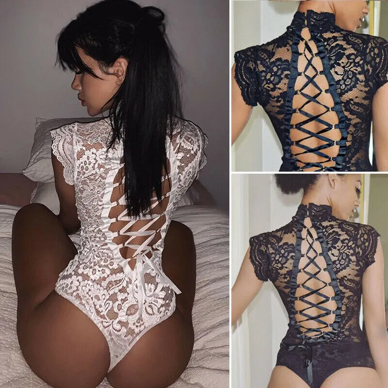 Women's Sexy Sissy Lace Lingerie Turtleneck Bodysuits Black White Nightwear Underwear Back Bandage Erotic Apparel Clothes