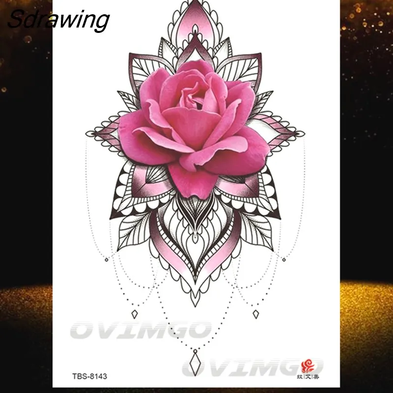 Sdrawing Lotus Flower Temporary Tattoos Fake Jewelry 3D Beauty Rose Tattoo Sexy Body Art Arm Painting Tatoo Sticker For Women