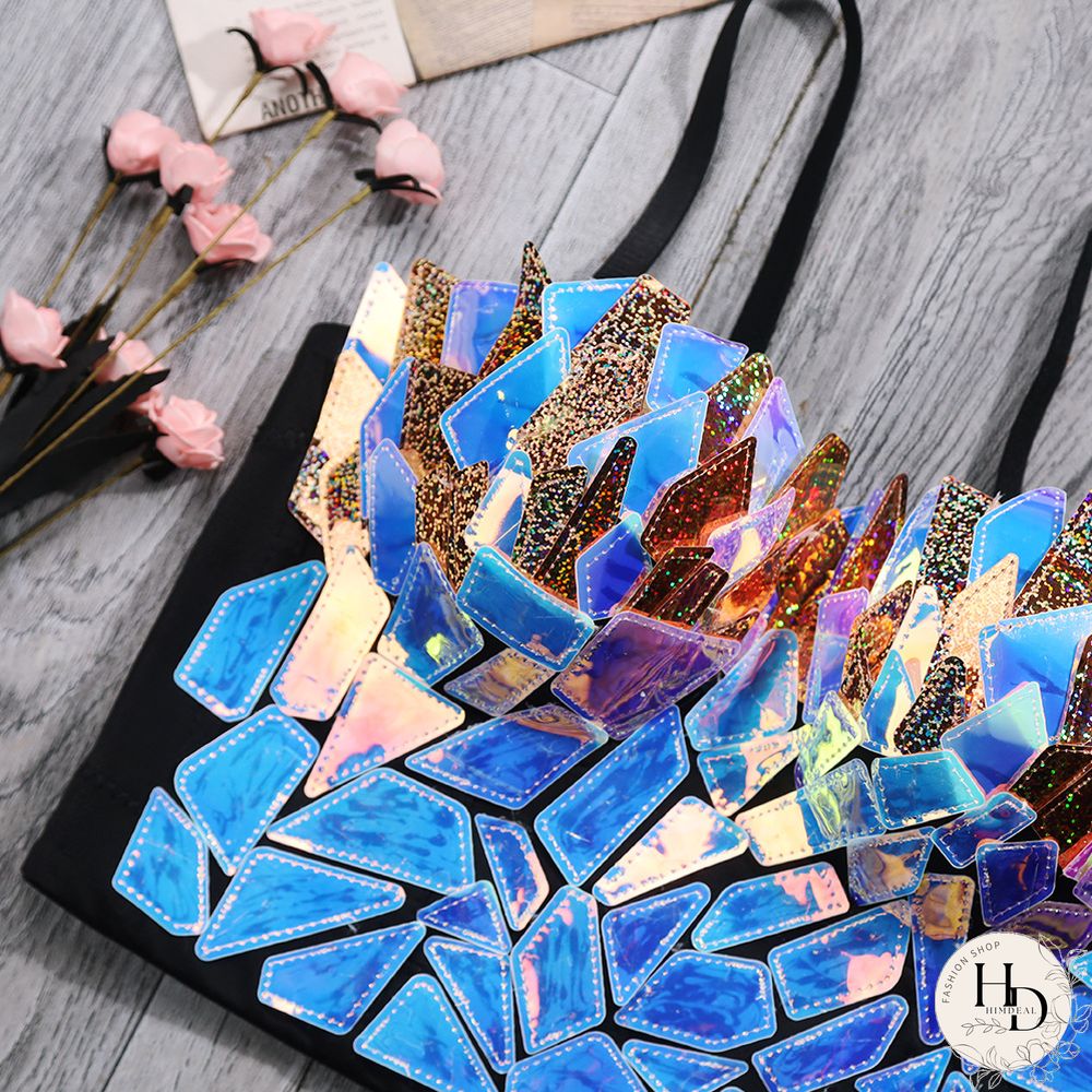 Women Holographic Rainbow Sequins Bustier Bra Spaghetti Strap Corset Camisole Reflective Bralette Crop Top Women Corset Clubwear