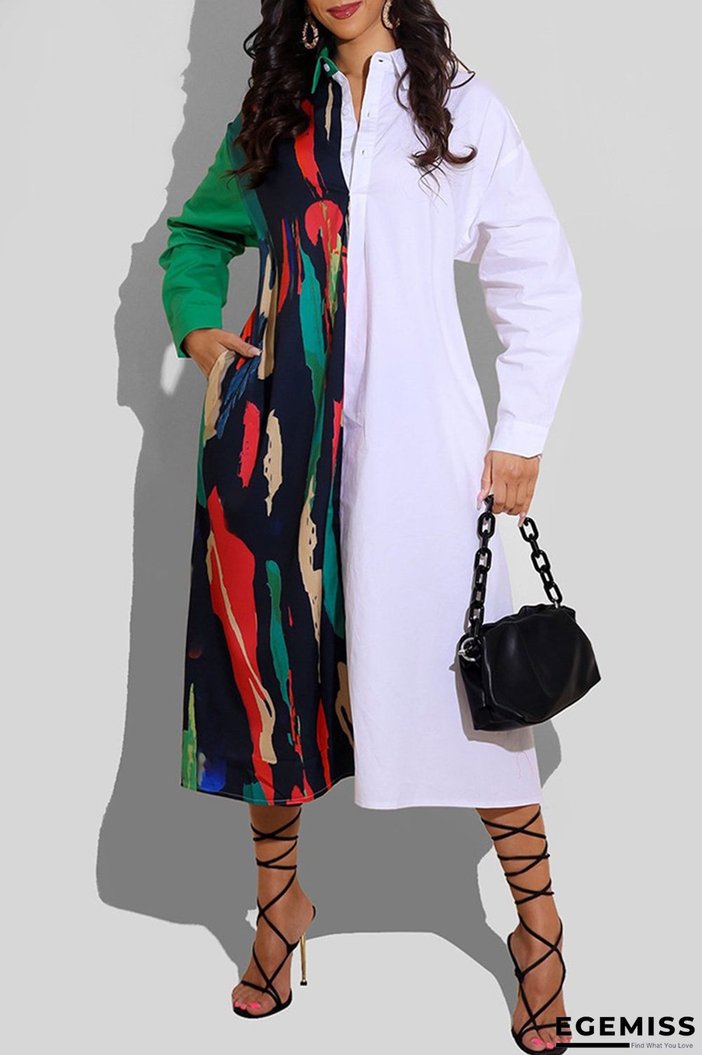 White Fashion Casual Print Patchwork Turndown Collar Long Sleeve Shirt Dress | EGEMISS