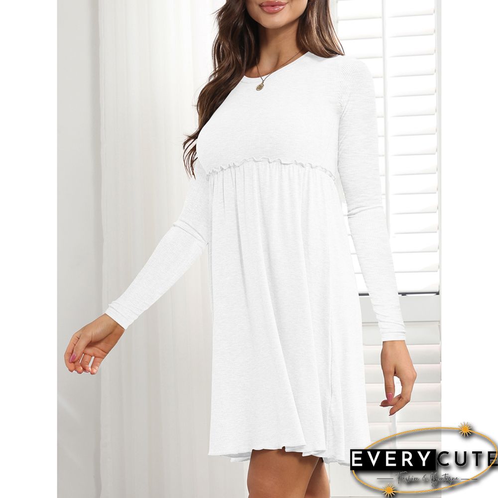 White Ribbed Ruffle Detail Long Sleeve Dress