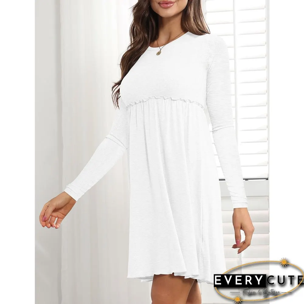 White Ribbed Ruffle Detail Long Sleeve Dress