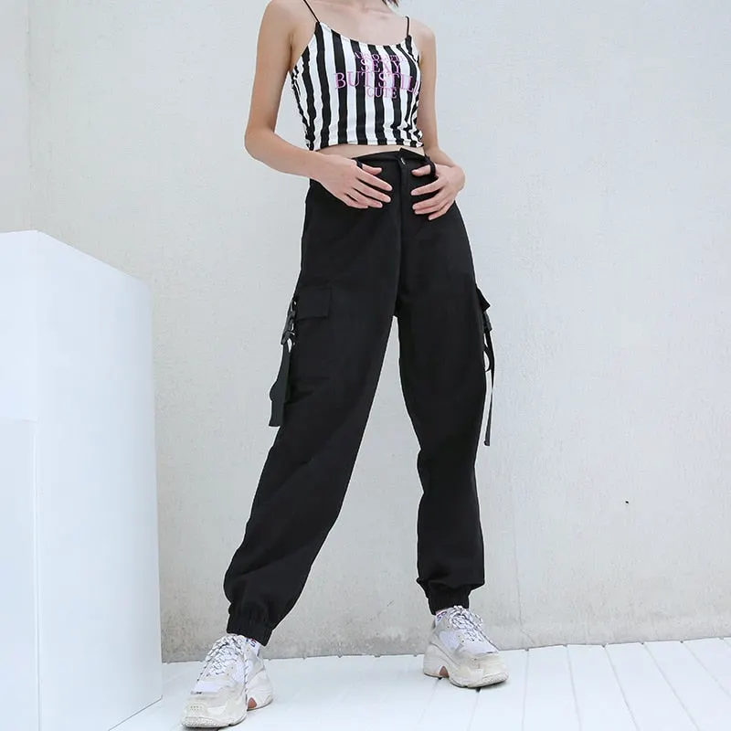 HEYounGIRL Streetwear Cargo Pants Women Casual Joggers Black High Waist Loose Female Trousers Korean Style Ladies Pants Capri
