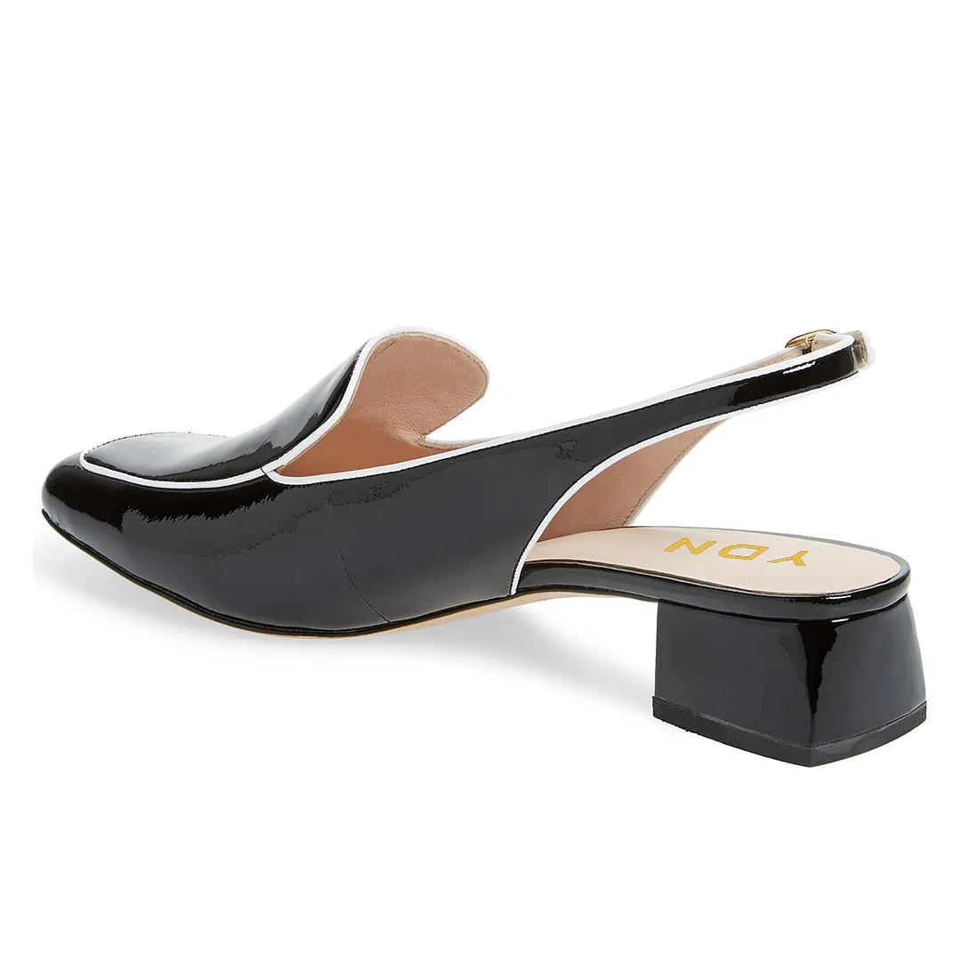 Shiny Black Patent Leather Block Heel Slingback Formal Loafers 