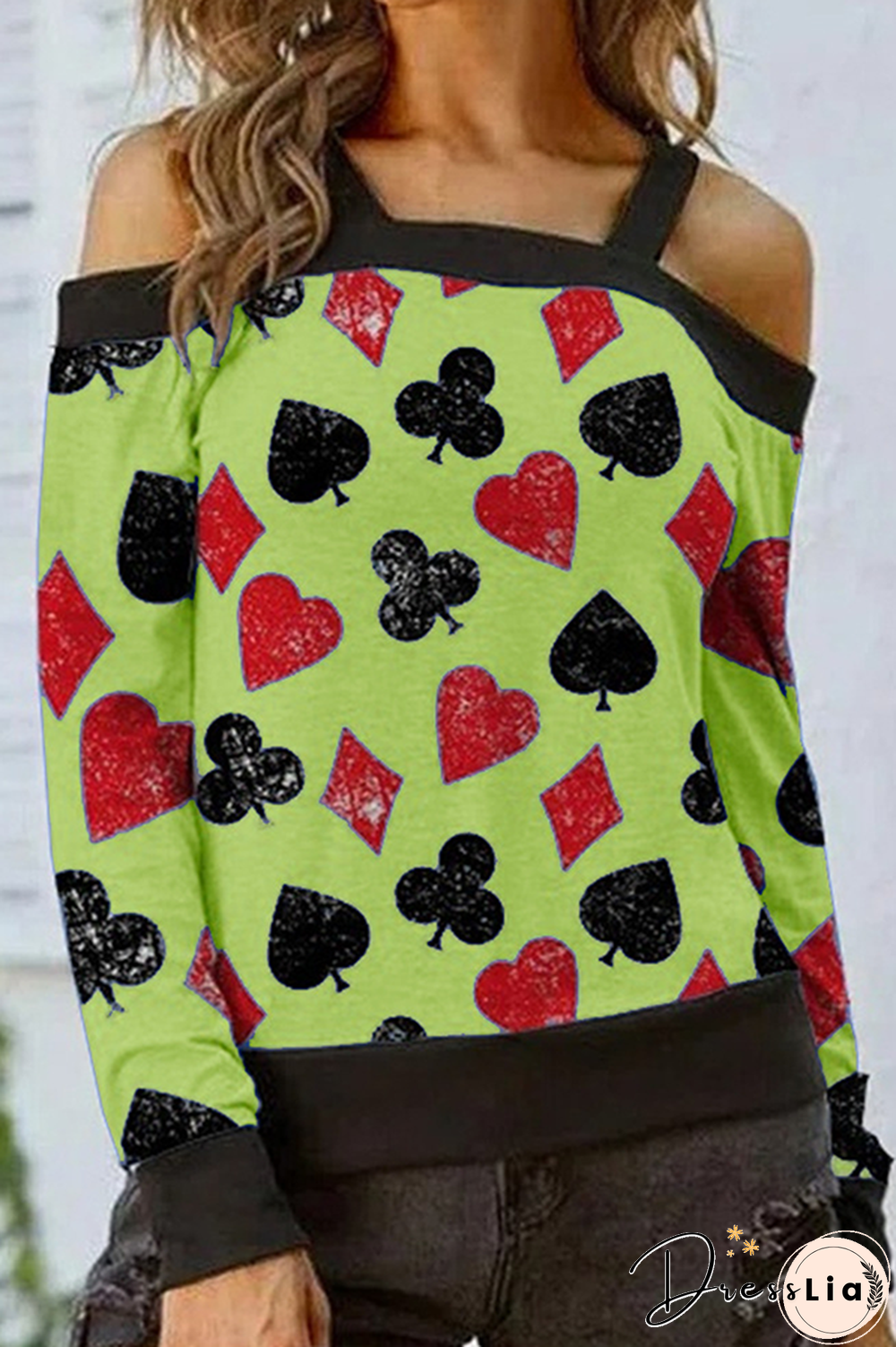 Casual Print Hollowed Out Split Joint Off the Shoulder Tops