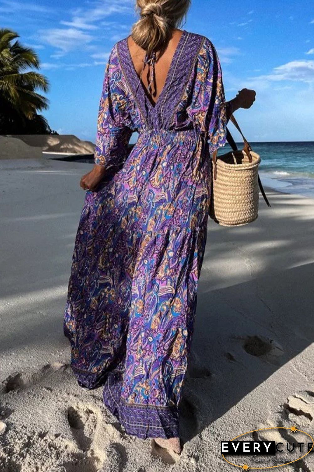 Fashion Print Printing V Neck Beach Dresses(3 Colors)