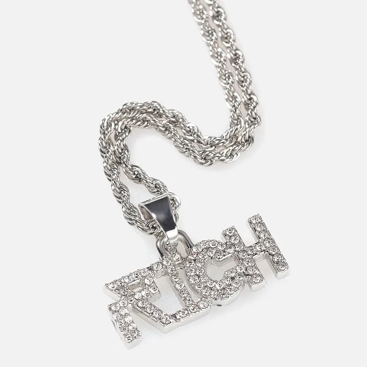 Iced Out Rich Letters Pendants Hip Hop Bling Bling Necklaces For Men