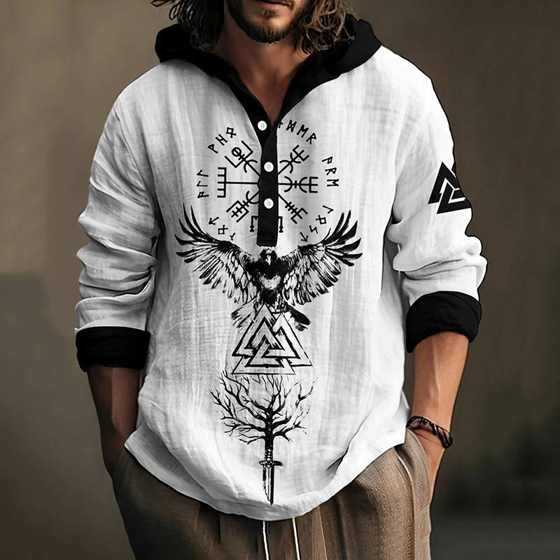 Retro Viking Bird Totem Art Men's Linen Hooded Shirt