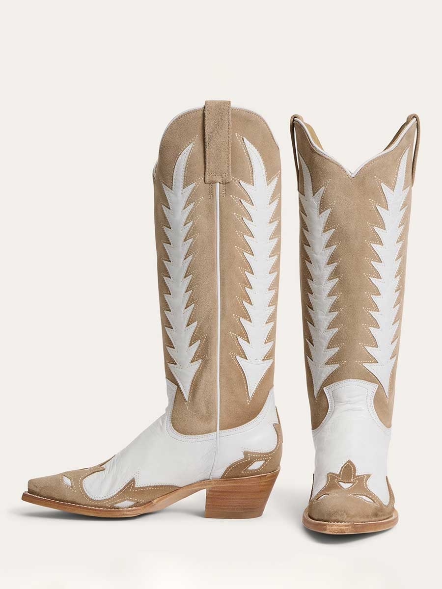 White & Beige Patchwork Stitching Chunky Heel Western Boots for Women