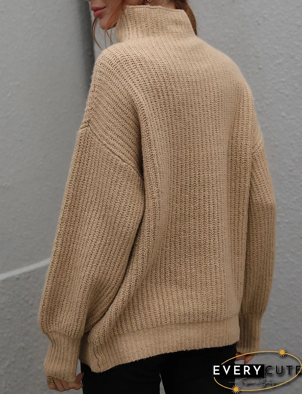 Khaki Solid Loose Style Turtleneck Sweater