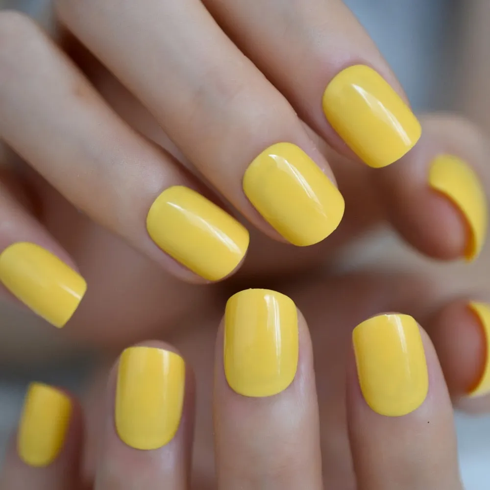 24pcs Press Fake Nail On Finger Tips Short Round Faux Ongles Yellow Blue False Nail With Designs Unas Postizas-Nail Inspo