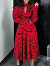 High-Neck Zebra Striped Hollow A-Line Long Sleeve Midi Dress