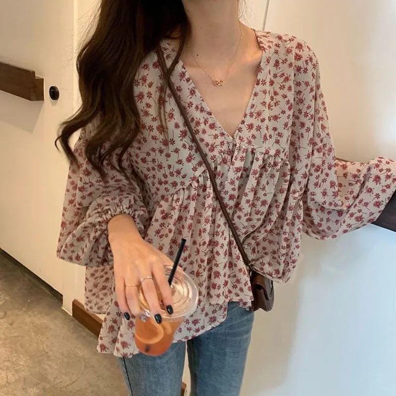 V-neck Chiffon Shirt Women Sweet Tops Blouse 2021 Spring New Korean Floral Print Long Sleeve Casual Loose Slim Lady Clothes 9307