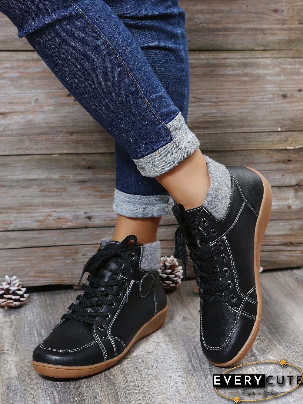 PU Leather Suede Panel Casual Short Boots