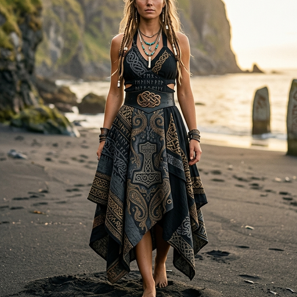Cotton Linen Viking-Inspired Boho Maxi Dress with Nordic Symbols and Fringed Hem