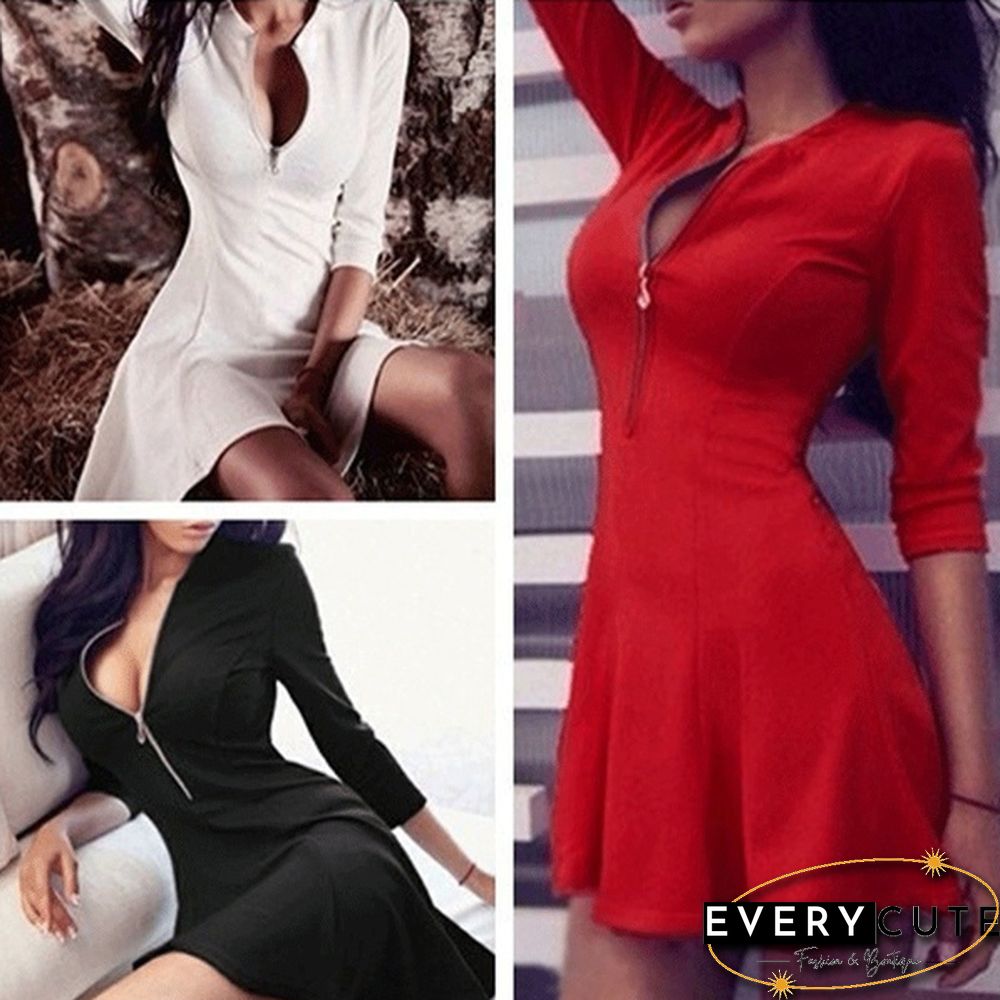 Women Clothing Fashion Spring Sexy Slim Fit V-neck Zippers Solid Color Dress