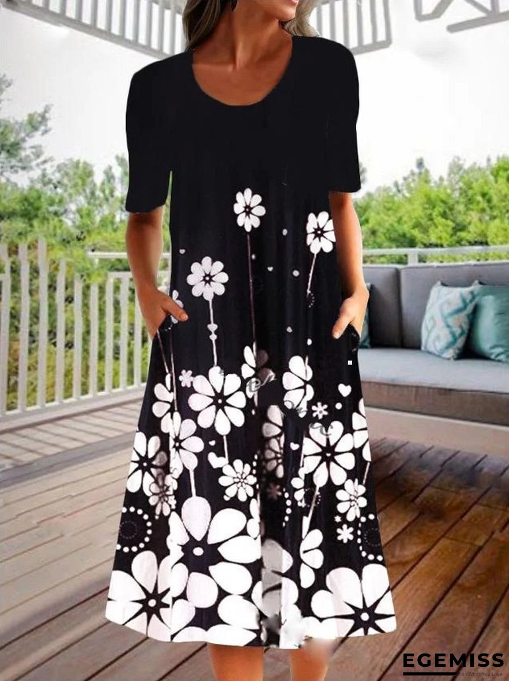 Fashion Personality Retro Floral Print Half Sleeve Dress Black Dresses | EGEMISS