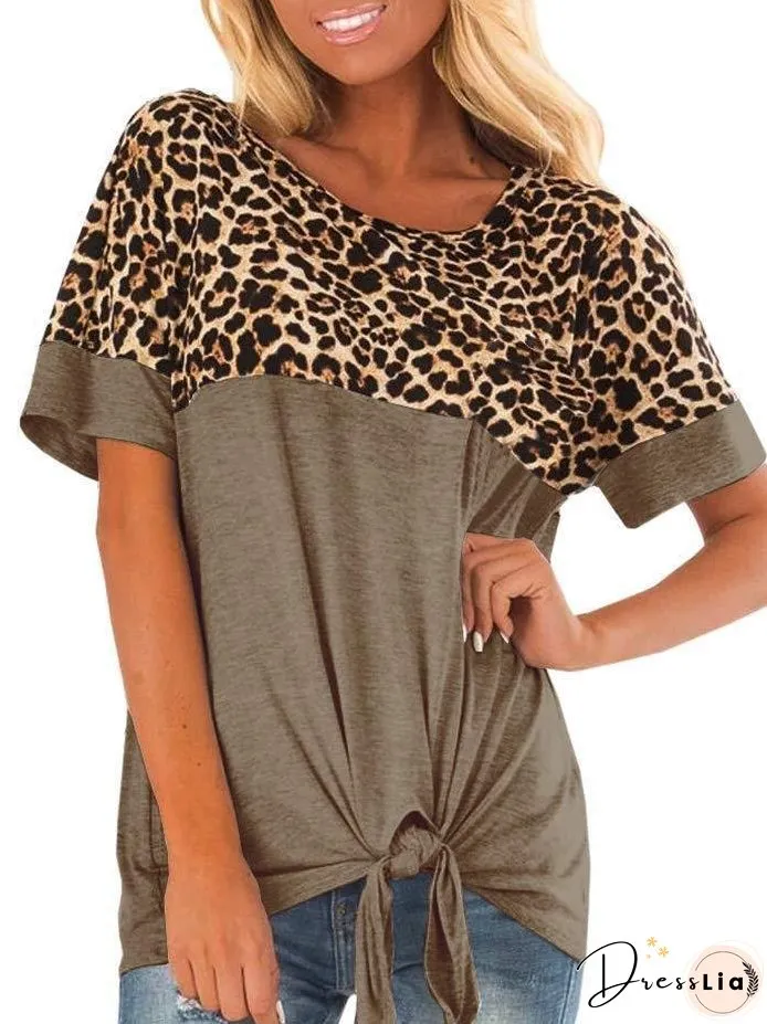 Leopard Print Stitching Ribbon Bow T-shirt for Women
