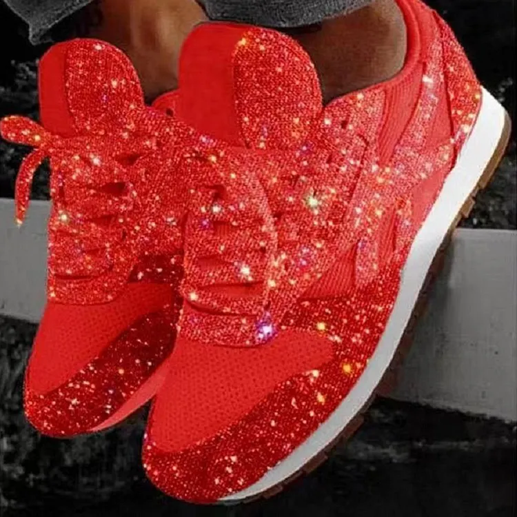 Plus Size Daily Round Head Sequins Lace Up Sport Shoes 2024 - Xpluswear