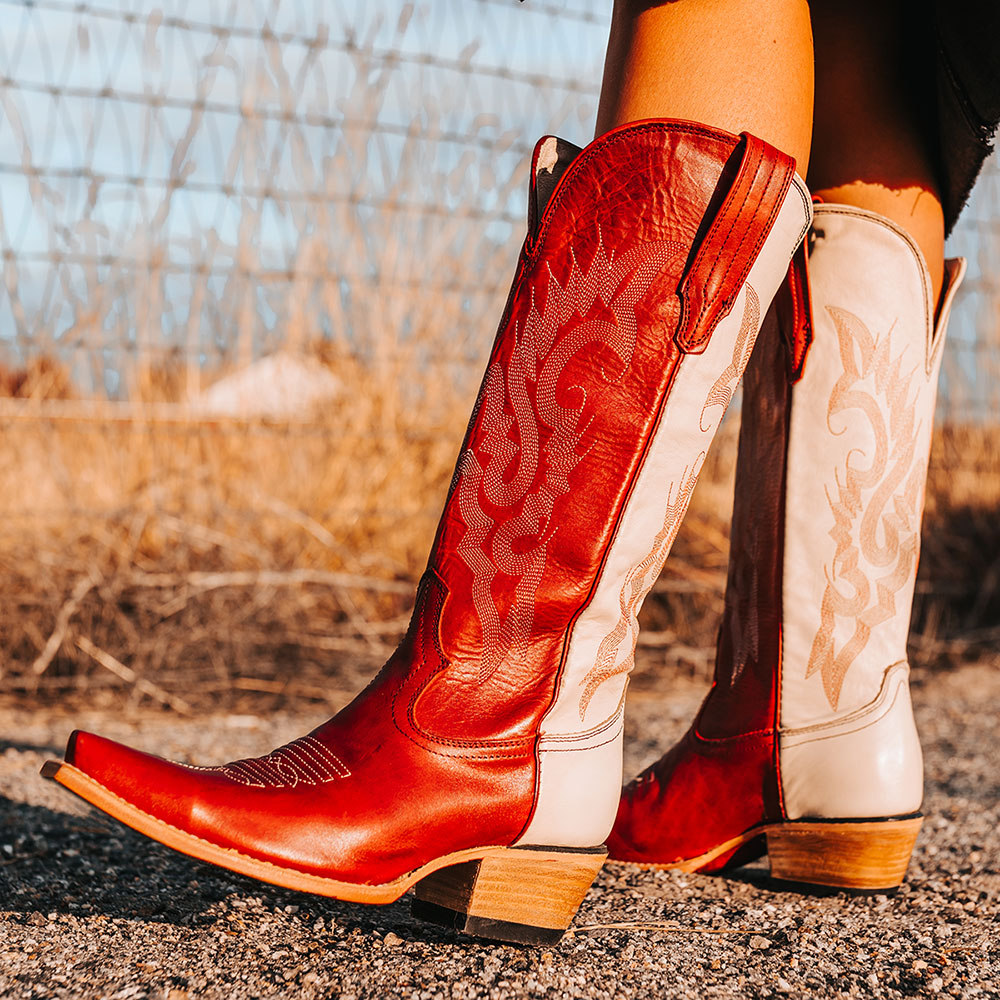 Red & White Snip Toe Chunky Heel&nbsp;Wide Calf Knee High Cowboy Boots