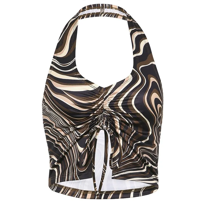 HEYounGIRL Summer Print Sleeveless Backless Tank Top Women V Neck Sexy Halter Crop Tops Tees Vintage Fashion Camisole Streetwear