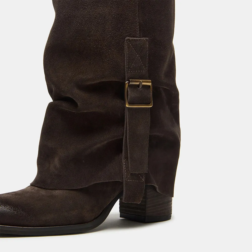Brown Vegan Suede Round Toe Fold Over Knee High Boots with Buckle