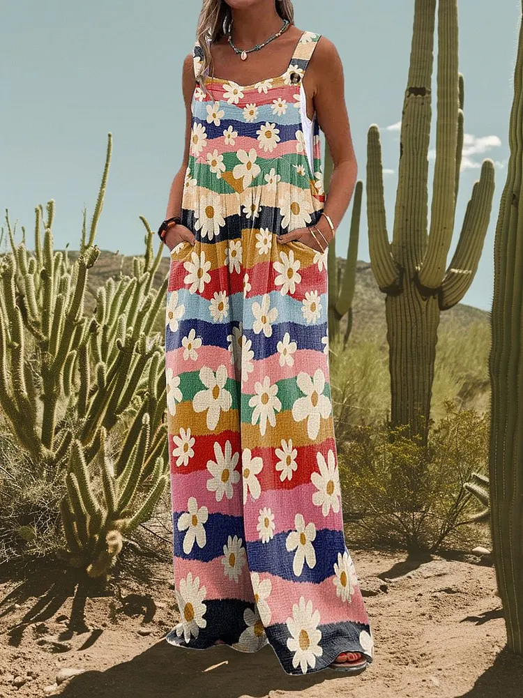 Women's Vintage Flower Daisy Print Casual Strap Wide Leg Pants
