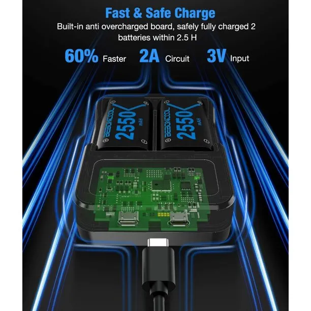 DinoFire Controller Battery Pack for Xbox One, 2x2550 mAh Rechargeable Battery Pack fo Xbox,Xbox battery charger station(Blue)