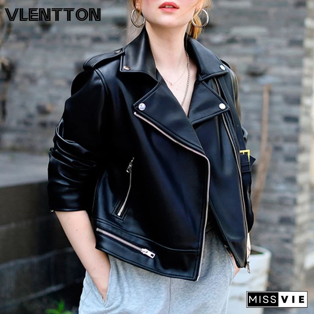 New Spring Autumn Women Black Soft Faux Leather Short Jacke Lapel Zipper Motorcycle Coat