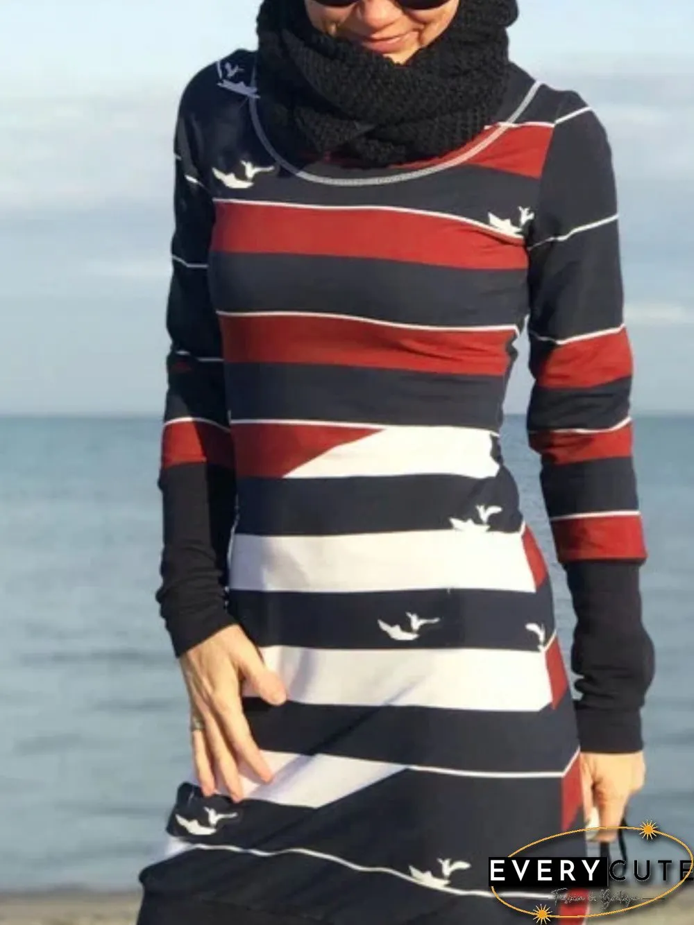 Crew Neck Casual Printed Cotton-Blend Knitting Dress