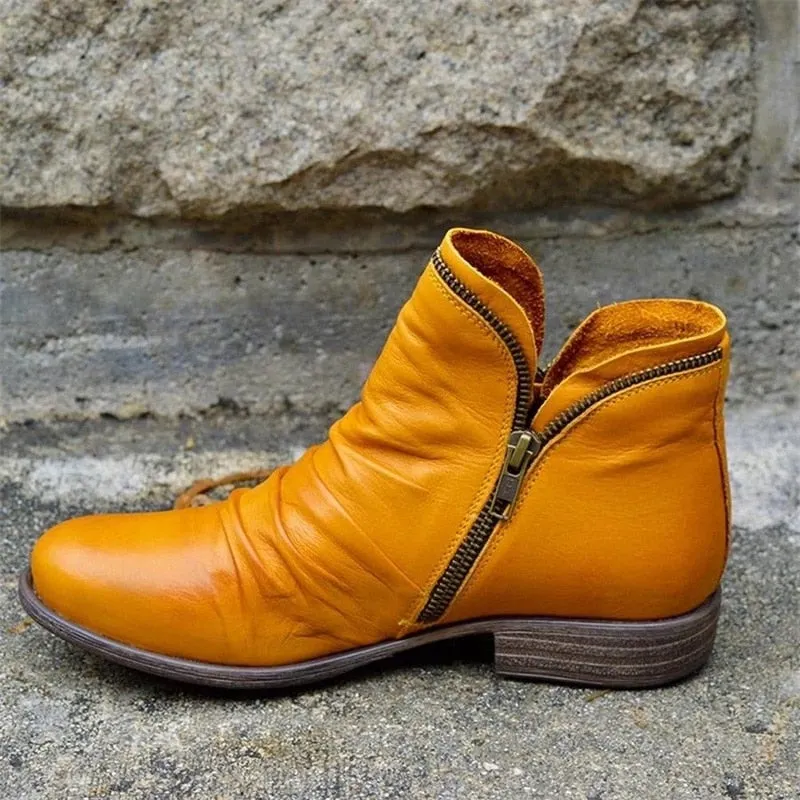 Women PU Leather Ankle Boots Women Autumn Winter Zipper Vintage Women Punk Boots Flat Ladies Shoes Flat Short Snow Boots Mujer
