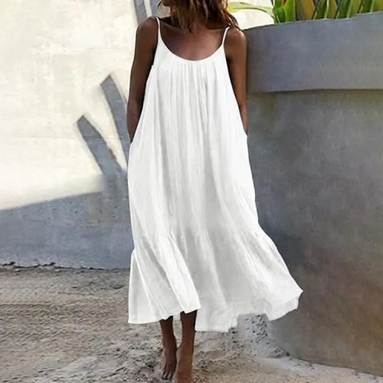 Vintage Plain Pleat Sleeveless Maxi Dress
